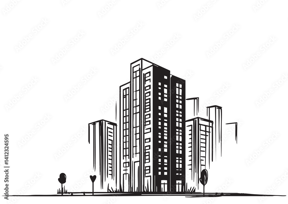 Obraz premium Silhouette high rise building with black peoples silhouette