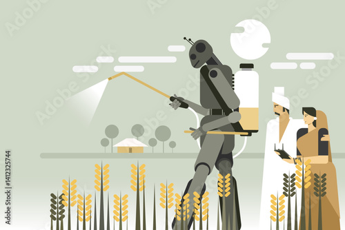 Illustration of a robot spraying pesticide in an agricultural field