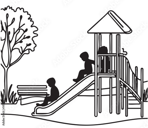 Kid's playground in residential aria illustration. Sketch black silhouette children's slide