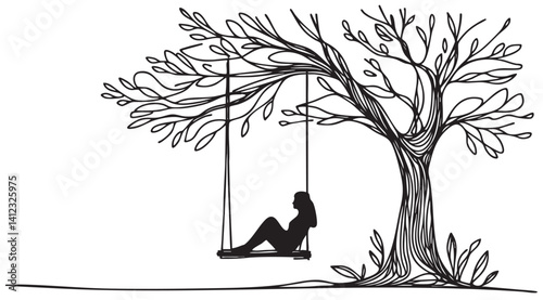Silhouette of a young woman sitting on a swing and a tree. The concept of loneliness, reflection on the life, union with yourself, psychological problems, introvert, social problems of teenagers