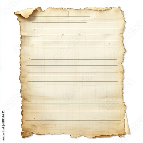 Aged lined paper texture, isolated, white background, design element