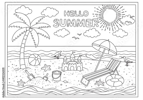 Hello Summer Beach scene coloring page fun summer activities palm tree sandcastle beach chair