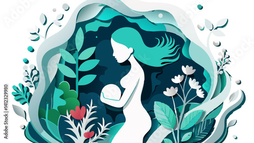 Serene pregnant woman embracing life amidst lush teal floral paper art delicate design