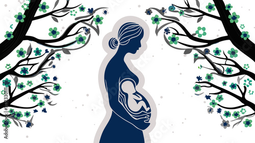 Expectant Mother Silhouette Baby Floral Design Dark Background Elegant Blue Tones Pregnancy Art