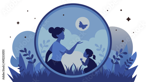 Mother and daughter watch a butterfly under a serene moonlit sky soft blue hues peaceful night scene