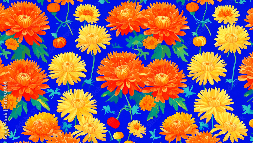 Vibrant blue background with chrysanthemums floral pattern Vibrant blue background with chrysanthemums floral pattern