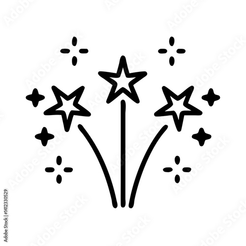 Fireworks icon in minimalist style, black line, thin outlines, modern design, symmetrical shapes with sparks, isolated image on white background