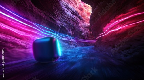 Fototapeta Naklejka Na Ścianę i Meble -  Neon cube in a canyon;  fast motion, vibrant colors