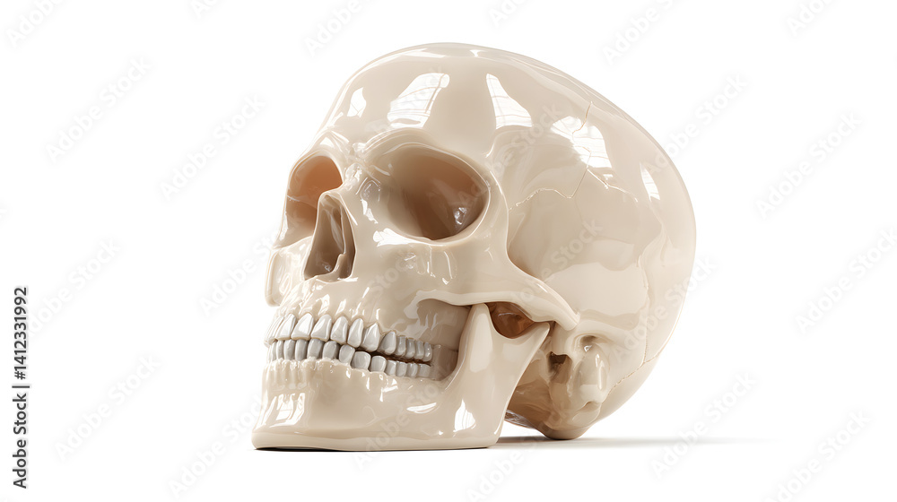 Obraz premium Realistic human skull model showcasing intricate jaw and teeth details.
