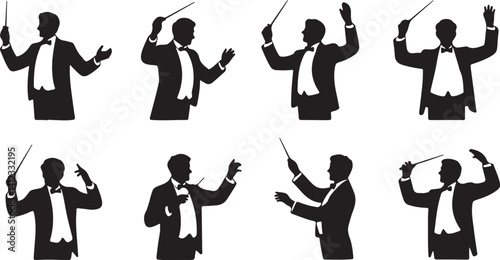 Silhouette vector of orchestra conductors in various conducting poses music director icons, classical performance gestures design