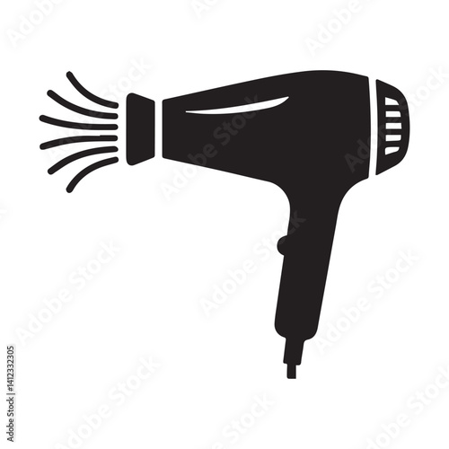 An illustration of a stylized black silhouette of a hairdryer. The hairdryer has a curved body, a nozzle at the front, and an ergonomic handle.