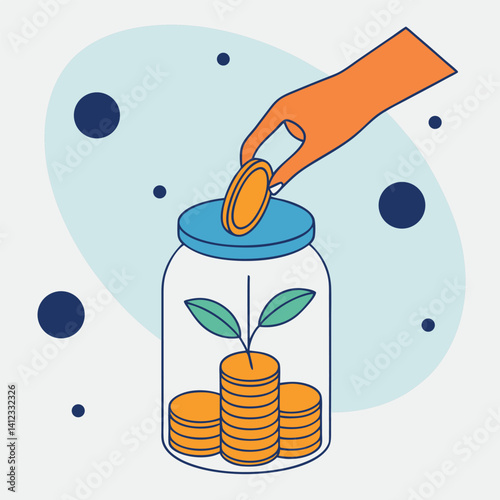 Orange Hand Putting Golden Coin into Jar for Future Savings.