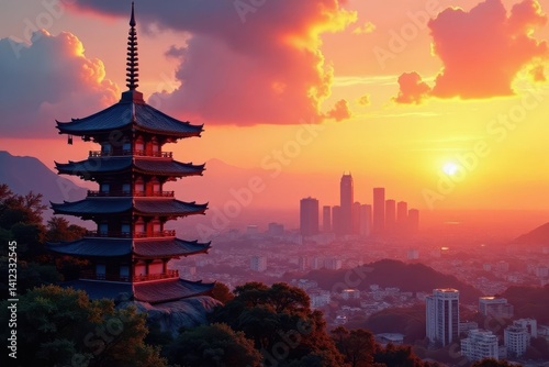Intricate pagodas pierce a fiery sunset, juxtaposed with sleek, towering skyscrapers , fiery, buildings