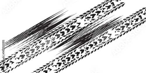 Auto tire tread grunge element. Car and motorcycle tire pattern, wheel tyre tread track. Black tyre print. geometric abstract.
