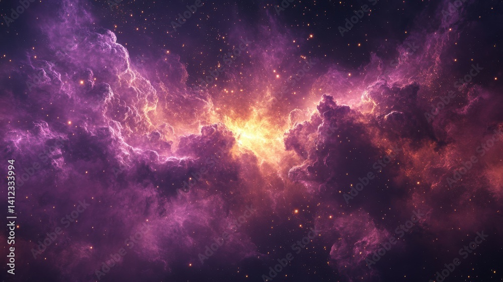 Obraz premium Cosmic Nebula: Ethereal Clouds of Violet and Gold in Deep Space, Galaxy Background