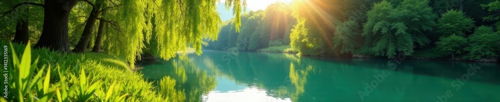 Sun-dappled willows, azure lake, late summer foliage, lake, tree Sun-dappled willows, azure lake, late summer foliage, lake, tree
