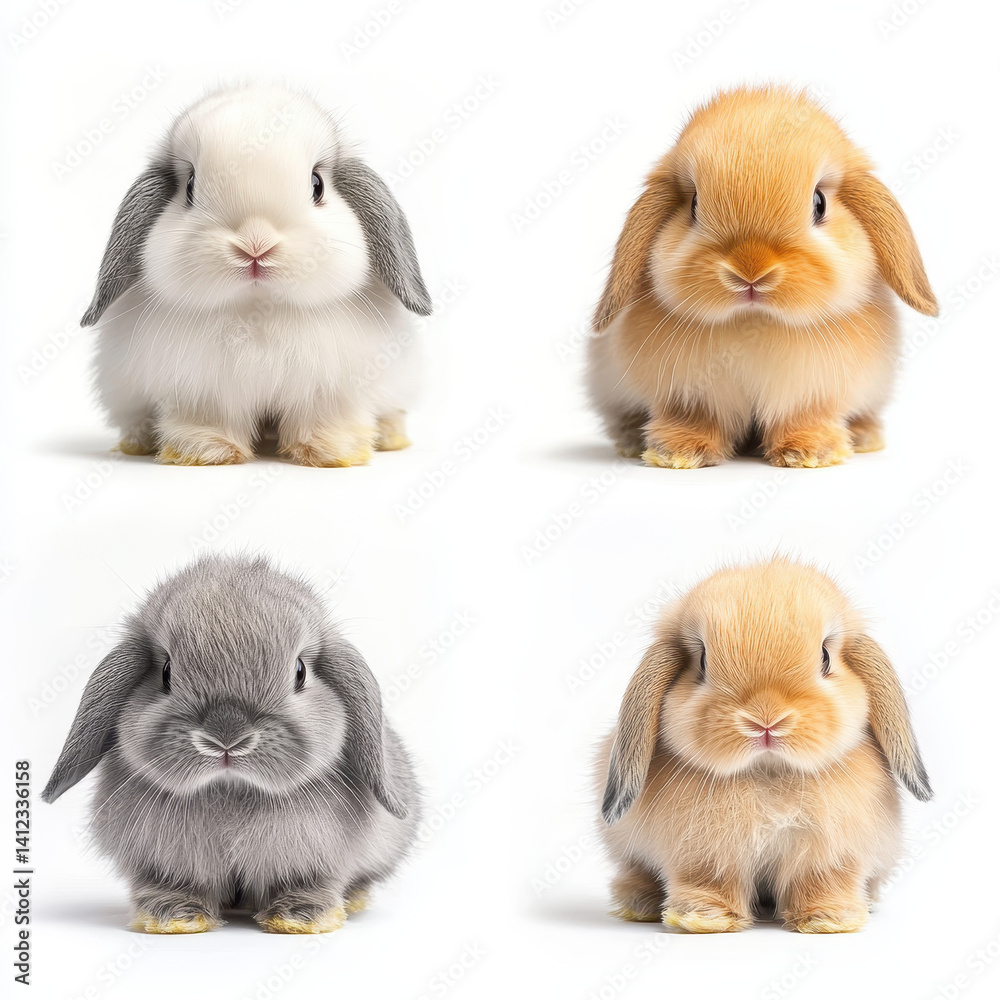 Obraz premium Adorable Baby Lop Rabbits: Four charming baby lop rabbits in various colors—white, orange, gray, and light orange—pose adorably against a clean backdrop.