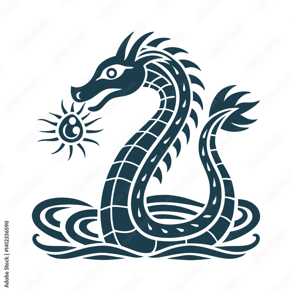 Obraz premium Serpentine Water Dragon with Jewel, Vector Illustration - Dragon – A serpentine water dragon with a jewel