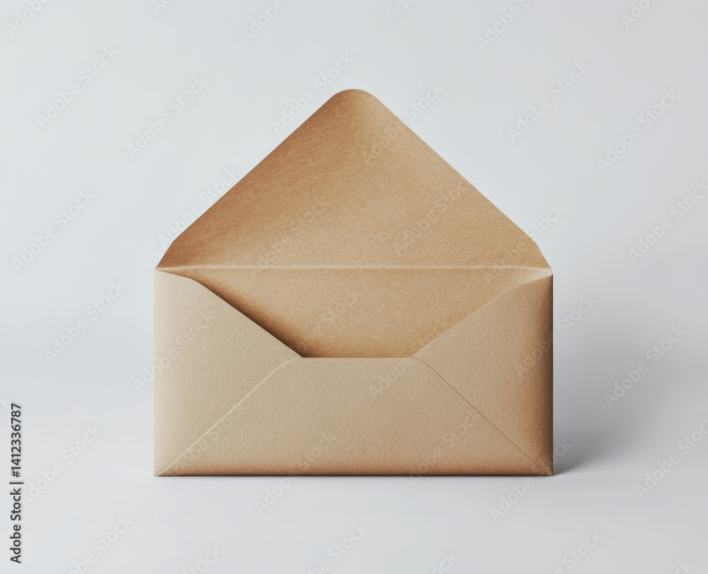 Open kraft envelope, studio shot, blank, mockup, neutral background, stationery Open kraft envelope, studio shot, blank, mockup, neutral background, stationery