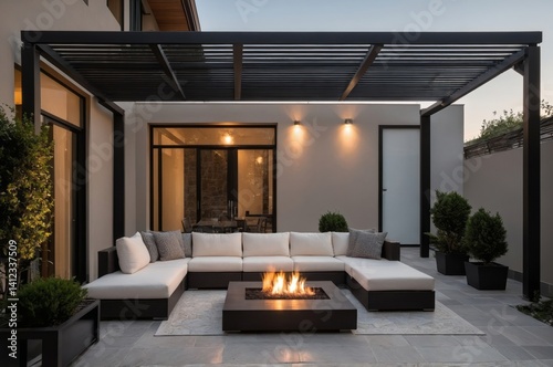 Modern outdoor patio featuring comfortable seating and a fire pit photo
