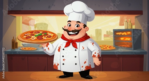 Cartoon chef holding pizza in restaurant