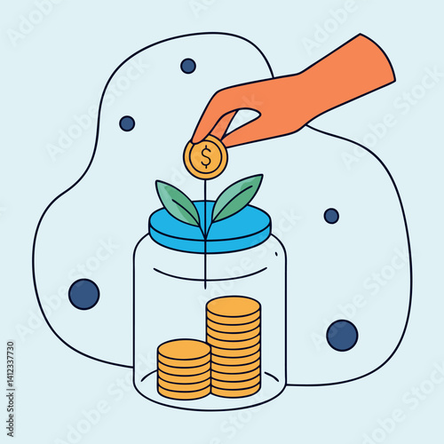 Orange Hand Putting Golden Coin into Jar for Future Savings.