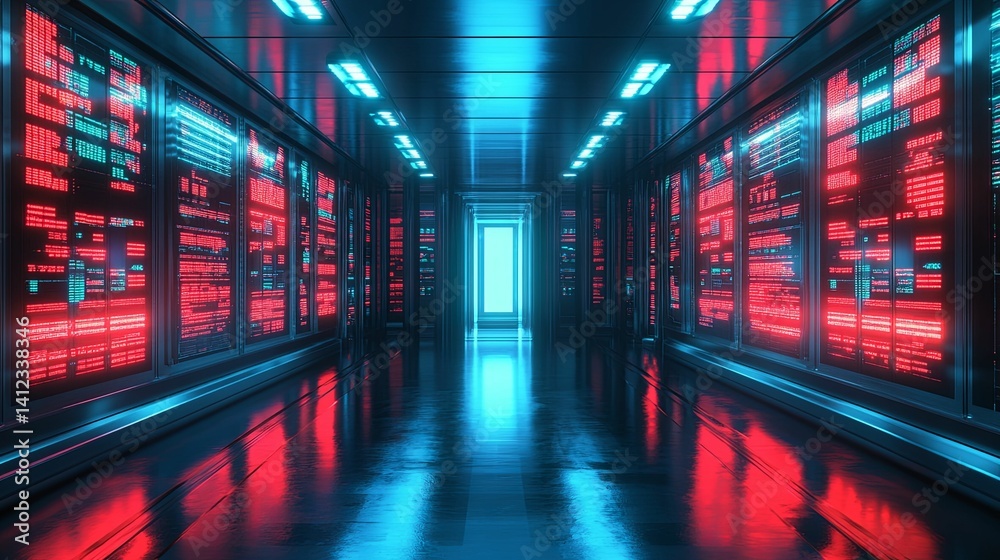 A futuristic server room bathed in vibrant neon light displays. A futuristic server room bathed in vibrant neon light displays.