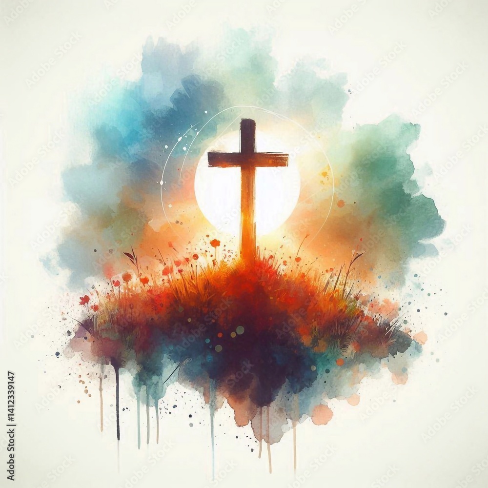 Watercolor Cross on a Hill at Sunset – Christian Hope and Resurrection Concept. AI generated illustration