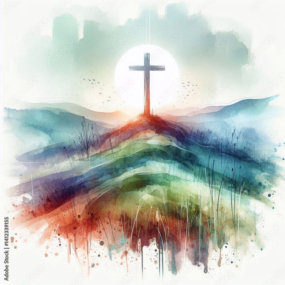 Watercolor Cross on a Hill at Sunset – Christian Hope and Resurrection Concept. AI generated illustration