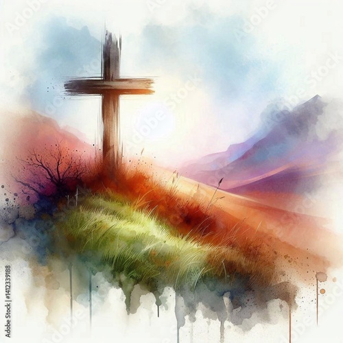 Obraz na płótnie Watercolor Cross on a Hill at Sunset – Christian Hope and Resurrection Concept. AI generated illustration w salonie