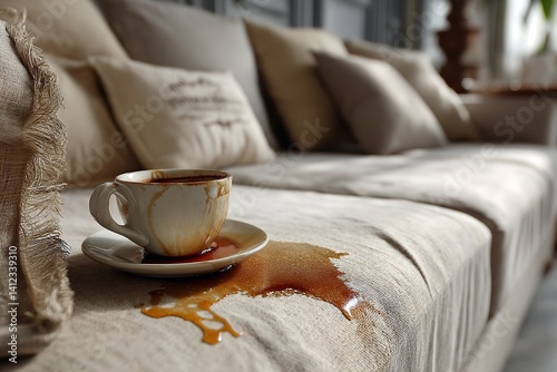 Coffee Stain on White Fabric Sofa with Spilled Cup and Saucer in Cozy Home Interior, Concept of Cleaning and Accidents at Home