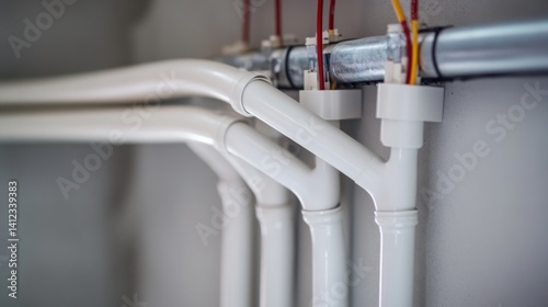 Technician installing electrical conduit in a newly built building. Featuring electrical setup and attention to detail