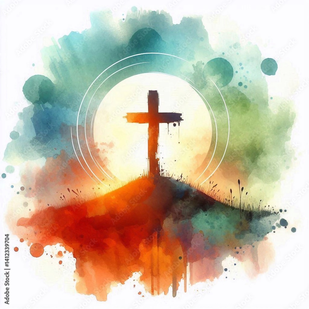 Watercolor Cross on a Hill at Sunset – Christian Hope and Resurrection Concept. AI generated illustration