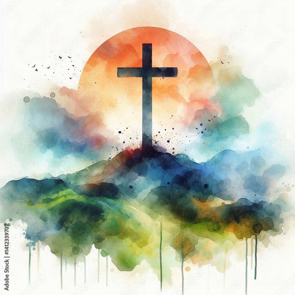 Watercolor Cross on a Hill at Sunset – Christian Hope and Resurrection Concept. AI generated illustration