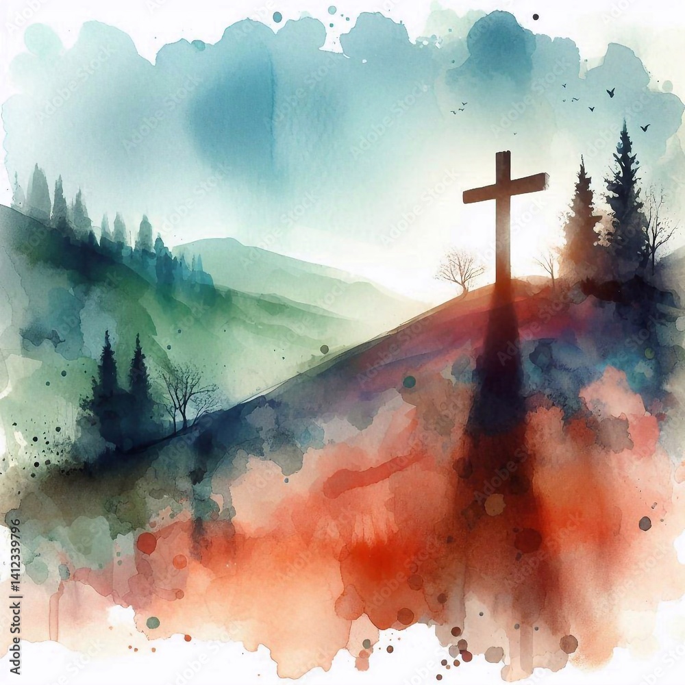 Watercolor Cross on a Hill at Sunset – Christian Hope and Resurrection Concept. AI generated illustration