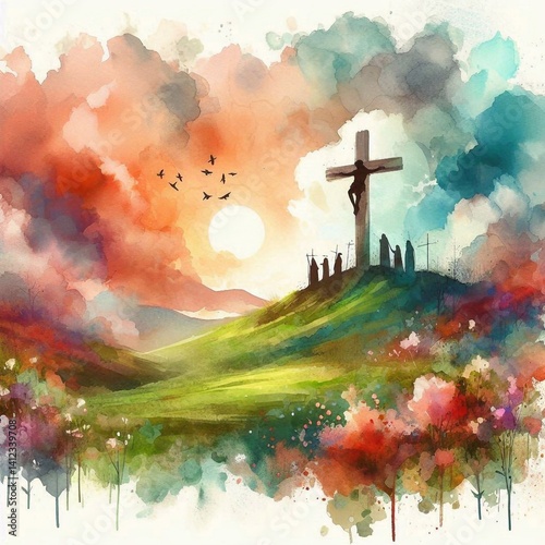 Obraz na płótnie Watercolor Cross on a Hill at Sunset – Christian Hope and Resurrection Concept. AI generated illustration w salonie