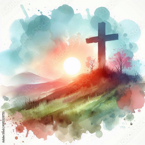 Obraz na płótnie Watercolor Cross on a Hill at Sunset – Christian Hope and Resurrection Concept. AI generated illustration w salonie