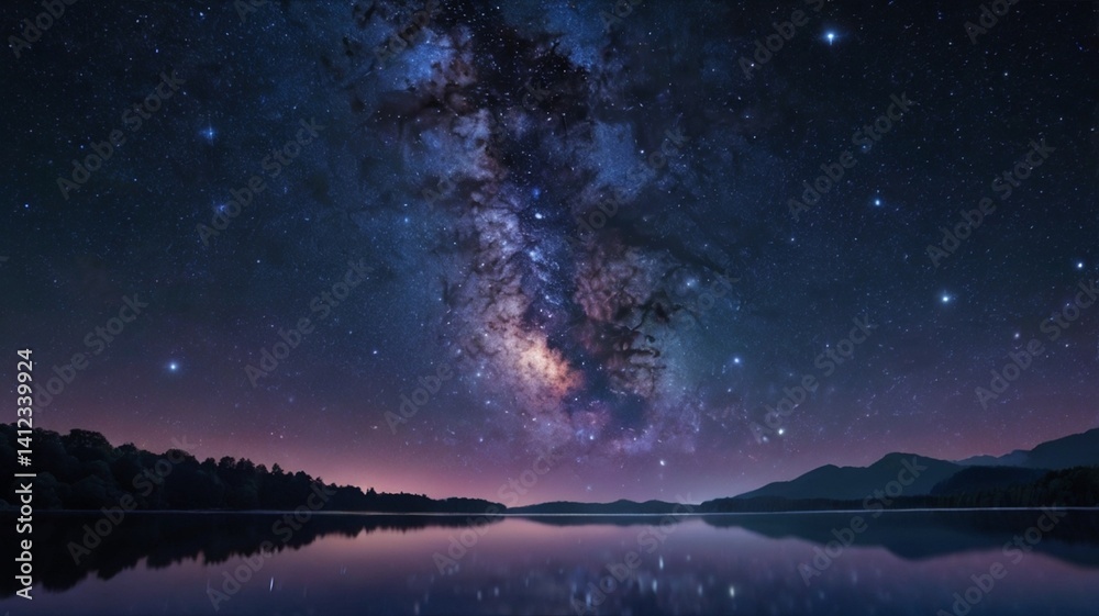 Fototapeta premium Starry night sky with northern lights and a cosmic landscape filled with stars, clouds, and a glowing nebula