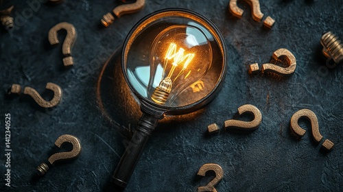 A glowing lightbulb magnified by a magnifying glass amidst numerous question marks.