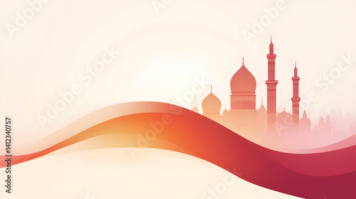 Vector illustration of mosque silhouette architecture with dome against a sunset sky, a symbol of religion and an Arab landmark
