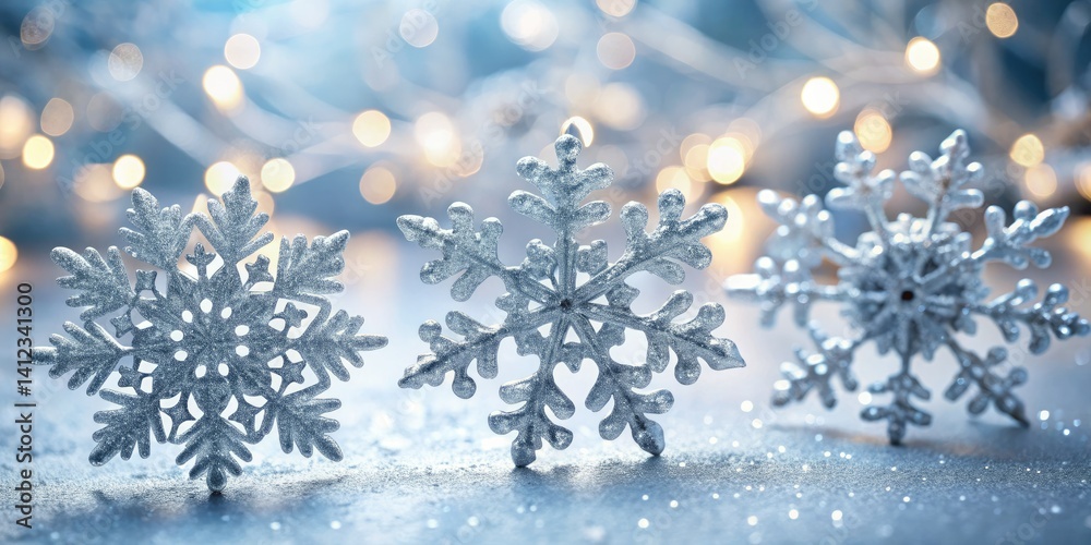 Macro Silver Snowflake Bokeh Photography: Elegant Winter Holiday Decor Macro Silver Snowflake Bokeh Photography: Elegant Winter Holiday Decor
