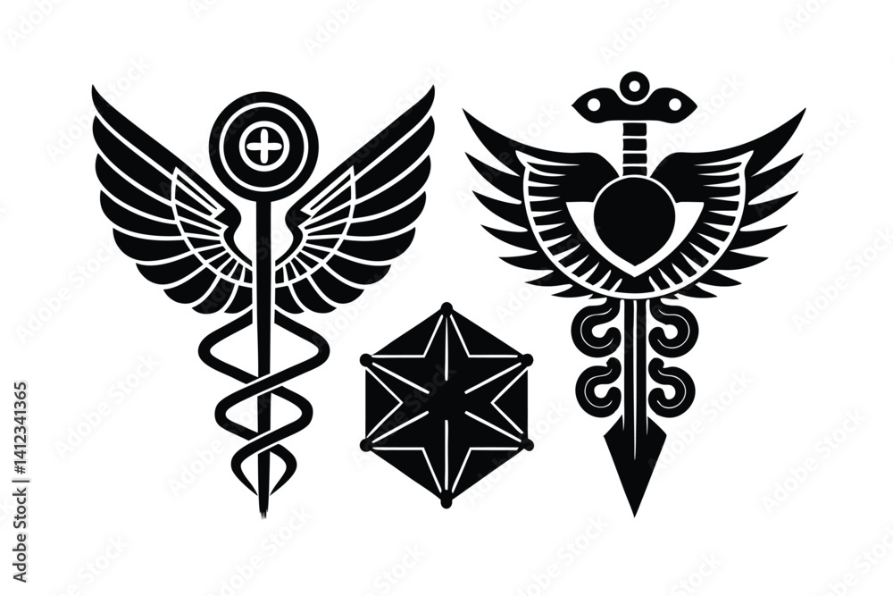 Fototapeta premium Symbols of Science Greek Medicine Industry Set