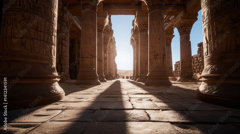 Egyptian temple colonnade sunlit path Egyptian temple colonnade sunlit path