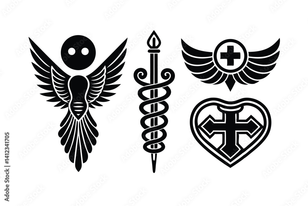 Fototapeta premium Symbols of Science Greek Medicine Industry Set