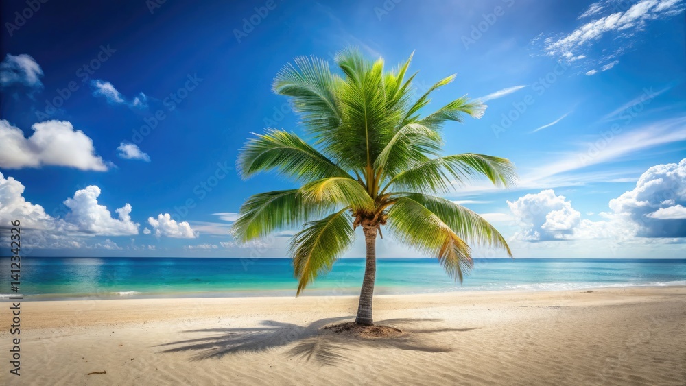 Obraz premium Night Beach Coconut Palm Tree, Tropical Sunset, Dark Sand, Ocean View, Copy Space, Night Photography