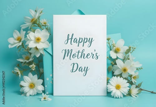 Happy Mother’s Day Greeting Card Mockup with Beautiful Flowers, Envelope, and Pastel Background – Elegant Floral Design for Mother's Day Wishes, Invitations, and Celebrations