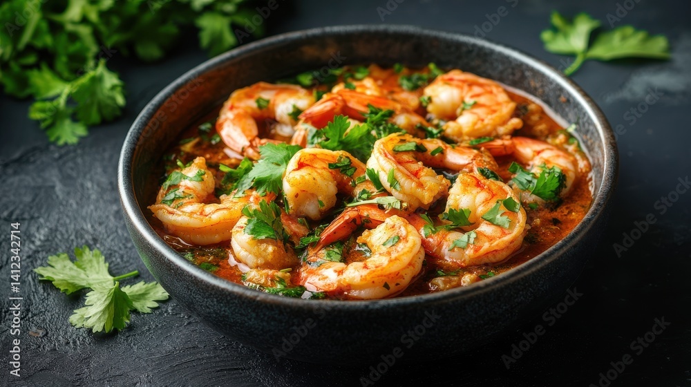 Delicious Gumbo Shrimp with coriander in a bowl on a dark background, food concept, for an ultra realistic style.