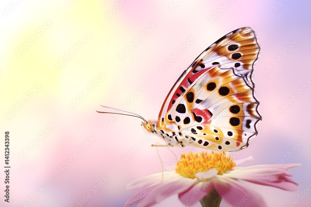 Obraz premium Colorful Butterfly Resting on Blooming Flower in a Soft Garden
