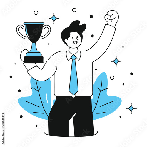 Businessman Celebrates Victory with Trophy
