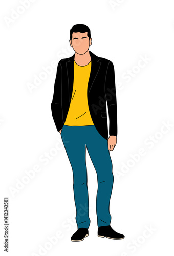 Businessman standing full length colored outline drawing. Young man in smart casual office attire. Hand drawn vector sketch illustration isolated on white background.